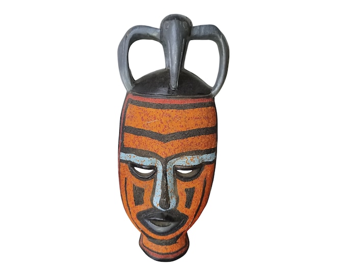 ON SALE!!  Golden Ancestry: Punu Beaded Orange Mask with Blue Accents Wall Decor Display Wall Hanging Ceremonial