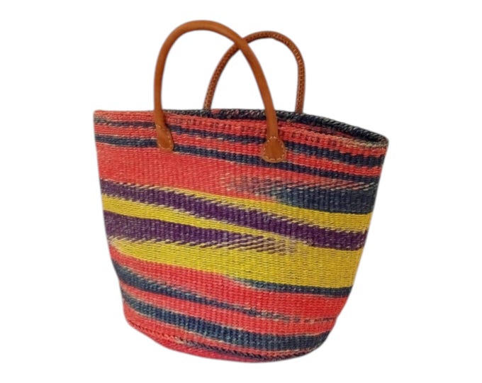 African Sisal and Leather Handbag Kiondo Yellow, Red, and Blue Planter Handmade Gift African Decor Shopping Bag Laundry Basket