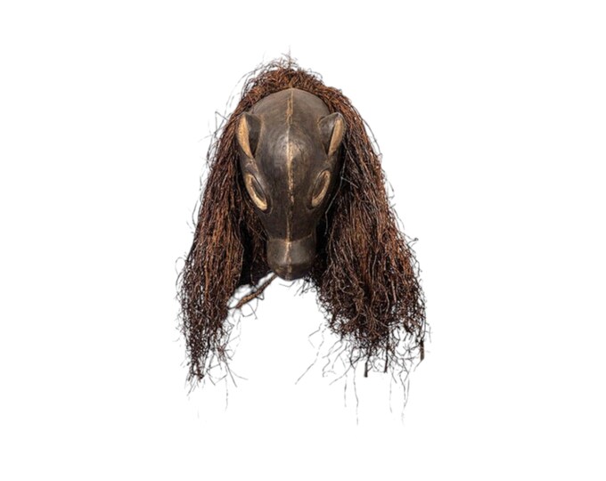 Hand Carved Yaka Tribal Mask: Raffia Hair, African Wall Decor