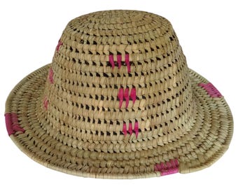 Handwoven Straw Sun Hat with Pink Accents - Foldable Beach Accessory