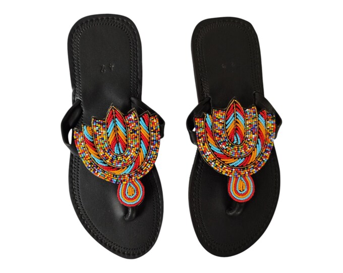 Rainbow Lotus Fan Beaded Sandals Women Summer Beach Handmade African Wedding Birthday Gift Colorful Leather Fine Beads Unique Art Style Wow