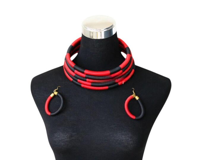 African Red & Black Segmented Choker and Earring Set, Bold Color Block Collar, Jewelry Set