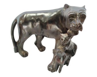 Hand-Carved Wooden Lioness and Cubs Sculpture: African Wildlife Art