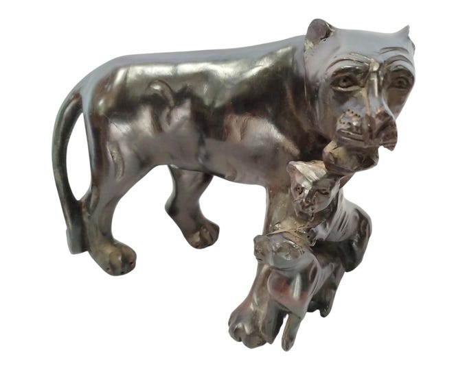 A Hand-Carved Wooden Lioness with Two Cubs Sculpture - African Wildlife Art Decor Wildlife Art Decor Table top console top Art grandpa gift