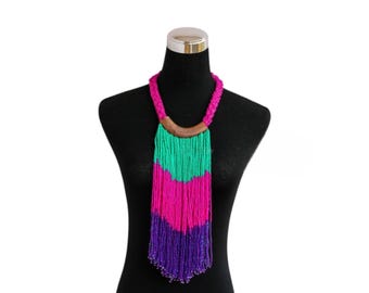 Tiered African Beaded Fringe Necklace | Boho Statement Tassel Collar | Hot Pink, Green & Purple