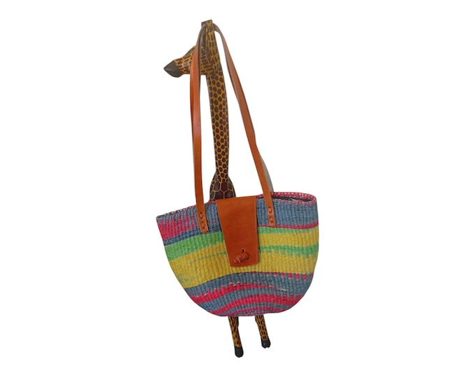 Handwoven Sisal Tote Bag with Leather Handles, Colorful African Straw Beach Purse, Boho Striped Market Bag, Unique Summer Shoulder Bag