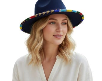 Sombrero Fedora Azul Marino con Cuentas - Sombrero Fedora de Lana con Ribete de Cuentas Africanas - Sombrero Boho para Festivales y Playa