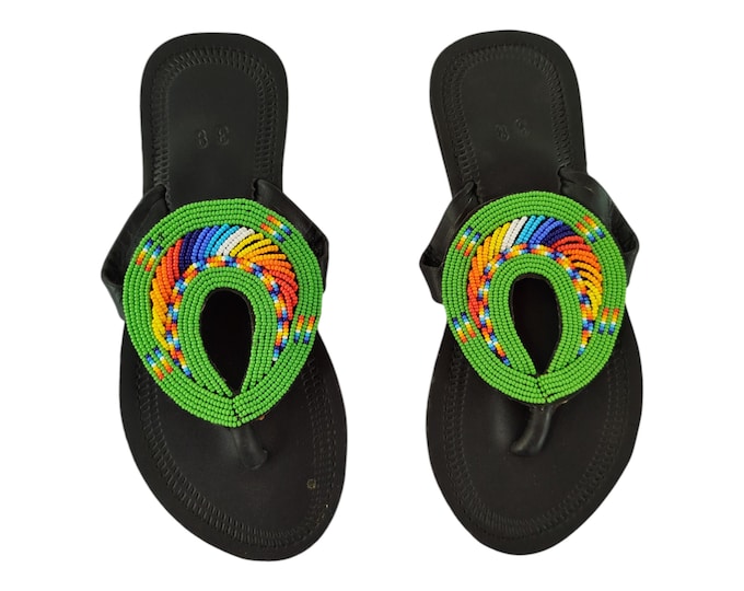 Vibrant Green Rainbow Loop Sandals Women Summer Beach Handmade African Wedding Bday Gift Unique Beaded Teardrop Design Leather Look Art Wow
