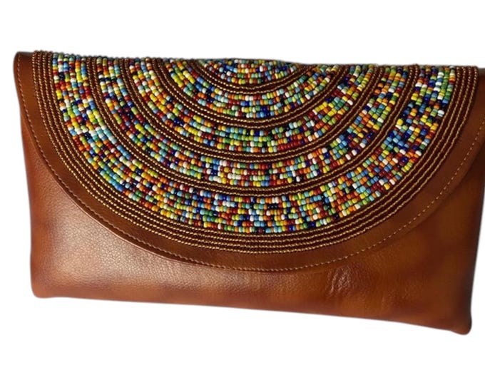 Handcrafted African Beaded Leather Envelope Clutch, Brown Leather Evening Purse with Red White Bead Flap, Boho Gift for Her