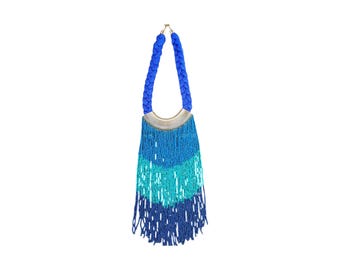 Handmade Beaded Fringe Necklace: Blue Teal Gradient Textile Collar