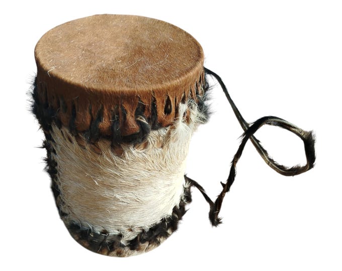 A Cowhide & Fur Kenyan Mini Drum African Souvenir Natural Hide Tribal Art Decor Gift Collectible Handmade Decor