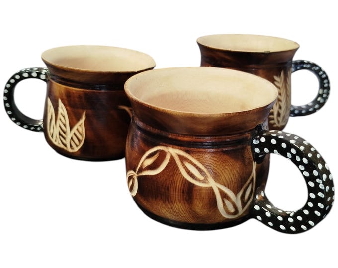 On sale !!  Hand-Carved Wooden Mugs with Unique Designs - Set of Three |Traditional Decor| Home Decor