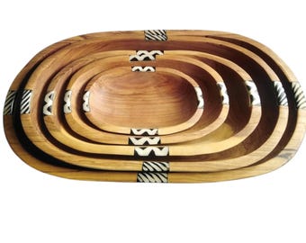 African Wooden Nested Bowl Set | Hand-Carved Olive Wood Bowls | Kenyan Zebra Stripe Home Decor