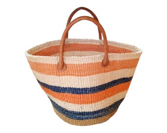 African Sisal Kiondo Handbag Orange, White, and Black Beach Bag Handmade Gift African Decor Shopping Bag Fibre Art