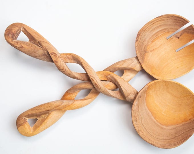 Curved Salad Servers | Wooden Spoons | African Spoon | Tribal scooper | Twisted handle spoons | Olive wood.