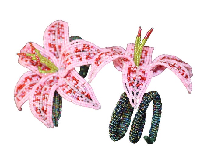 Handmade Beaded Pink Lily Napkin Rings Set of 6pcs, African Wire Seed Bead Flower Holders, Boho Floral Table Decor Gift