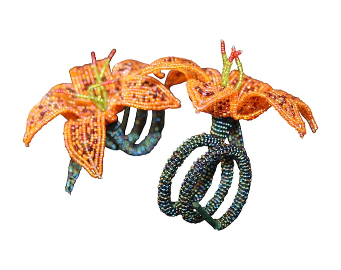 Handmade Beaded Orange Tiger Lily Napkin Rings Set of 6pcs, African Wire Seed Bead Flower Holders, Boho Autumn Table Decor Gift