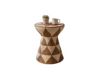 Malawi Woven Stool / Side Table | Geometric Diamond Pattern | Natural Rattan Jute Accent Furniture | Boho African Decor