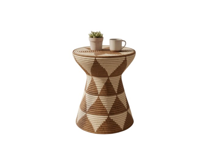 Handwoven Malawi Stool: Jute Accent Table with Geometric Diamond Pattern