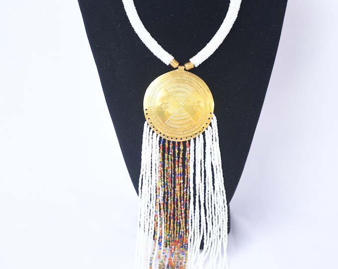 African Beaded Necklace: Brass Pendant, Colorful Tassels