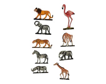A set of  Kenyan Wooden Animal Figurines Set of 10 Souvenirs Lion Elephant Giraffe Zebra Leopard Rhino Flamingo Decor Gifts