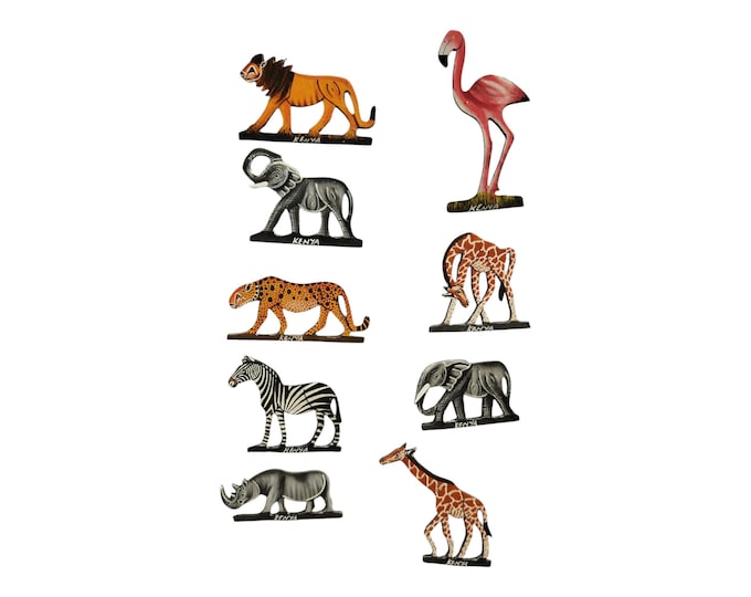 A set of  Kenyan Wooden Animal Figurines Set of 10 Souvenirs Lion Elephant Giraffe Zebra Leopard Rhino Flamingo Decor Gifts