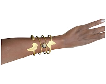 Sculptural Brass Bangle Set: Abstract African Inspired Stone Accent
