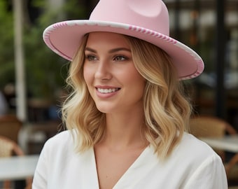 Light Pink Wool Fedora Hat with Patterned Brim - Boho Chic Wide Brim Felt Hat - Elegant Festival Accessory