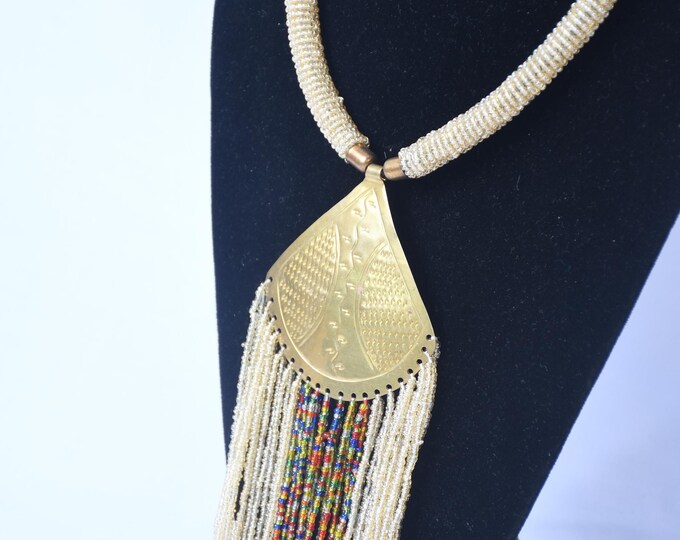 On SALE African  Elegant Beige Beaded Necklace with Brass Pendant & Colorful Tassels | Stylish | Gift for Her | Masai Mara