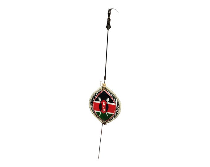 A  Hand Painted Kenyan Flag Shield & Spear Tribal Art Wall Decor Kenya Pride Warrior Set Collectible Display