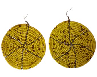 ON SALE Vibrant Handcrafted Yellow & Brown Beaded Circular Earrings: African-Inspired Jewelry