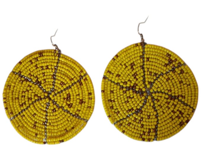 ON SALE Vibrant Handcrafted Yellow & Brown Beaded Circular Earrings: African-Inspired Jewelry