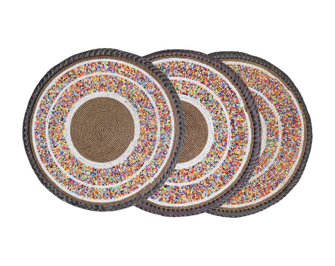 Set of African Beaded Table Mats | Multi-Color Round Placemats | Vibrant Ethnic Table Decor