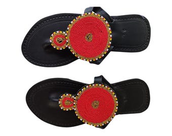 Red Black Yellow White Beaded Sandals Women Summer Beach Handmade African Wedding Birthday Gift Unique Leather Circle Finest Beads Art