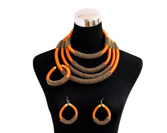 Afrocentric Statement Jewelry Set | Orange Coil Necklace, Bracelet & Earrings | Tribal Chunky Luxe