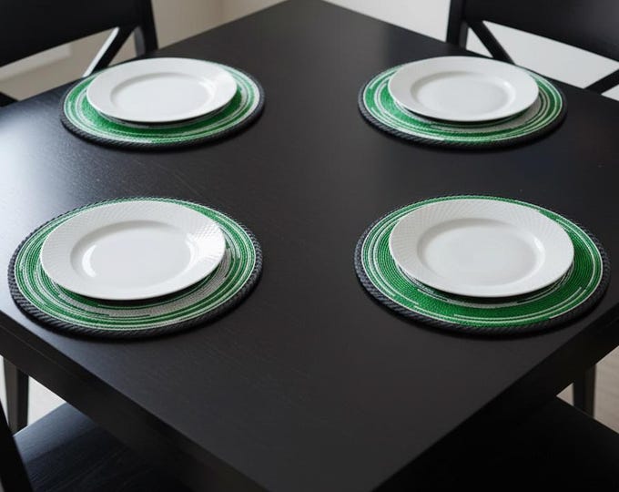 Authentic Circular Hand-Beaded African Leather Table Mat - Green & White