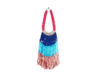 Bohemian Beaded Fringe Necklace: Tribal Red Textile Collar, Gold Accents