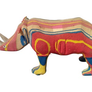 A Colorful Wooden Rhinoceros Sculpture Hand Carved African Art Decor Collectible Handmade Display Decor Tribal