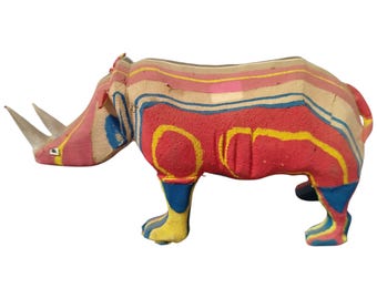 A Colorful Wooden Rhinoceros Sculpture Hand Carved African Art Decor Collectible Handmade Display Decor Tribal