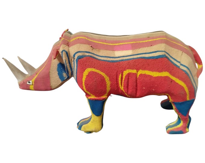 A Colorful Wooden Rhinoceros Sculpture Hand Carved African Art Decor Collectible Handmade Display Decor Tribal