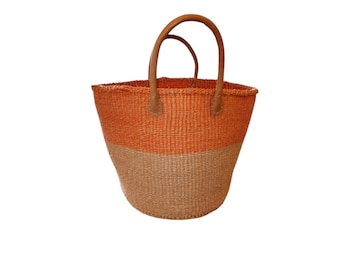 African Sisal Kiondo Handbag Orange Beige Beach Bag Handwoven Gift African Decor Shopping Bag Laundry Basket Fiber Art