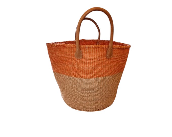 African Sisal Kiondo Handbag Orange Beige Beach Bag Handwoven Gift African Decor Shopping Bag Laundry Basket Fiber Art