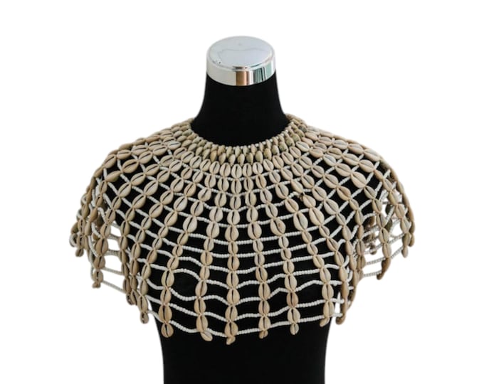 African Cowrie Shell Shoulder Collar Necklace, Handcrafted Shell Net Capelet, Natural Coastal Statement Jewelry