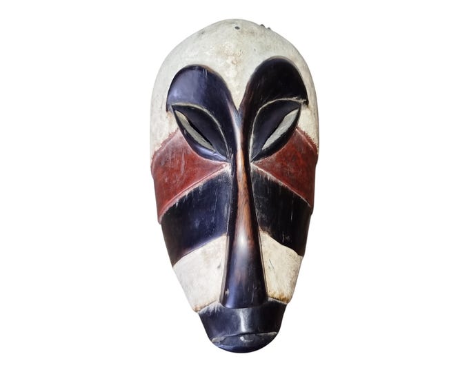 ON SALE!!Striking Ancestral Lines: Bold Lega Mask in White, Black, and Red Wall Decor Display Wall Hanging Ceremonial