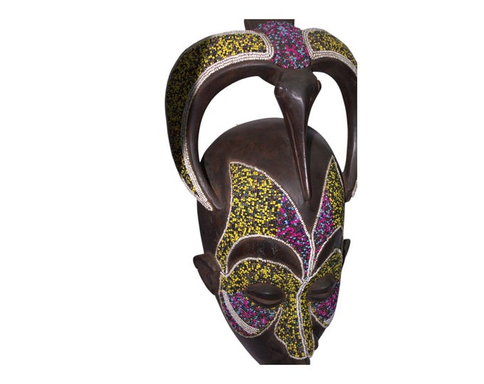 African Wooden Bird Mask Wood Antique Vintage African Wall Hanging Ceremonial Multicolored Beaded Mask