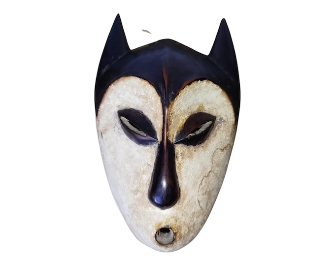Ancestral Power: Hand-Carved Lega Mask with Horned Headdress Wall Decor Display Wall Hanging Ceremonial