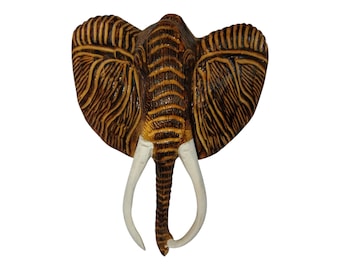Hand Carved Wooden Elephant Mask with Tusks, African Safari Wall Art, Unique Wildlife Tribal Decor, Rustic Wood Sculpture Gift