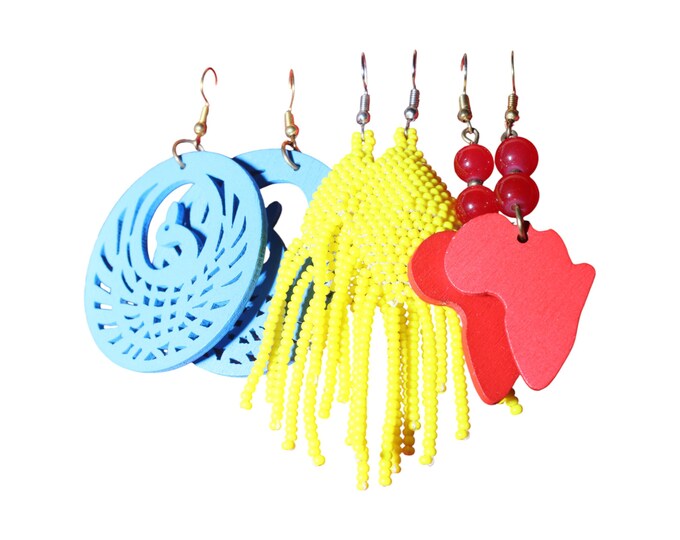 African Statement Earrings Set | Wood Map Dangles, Beaded Fringe