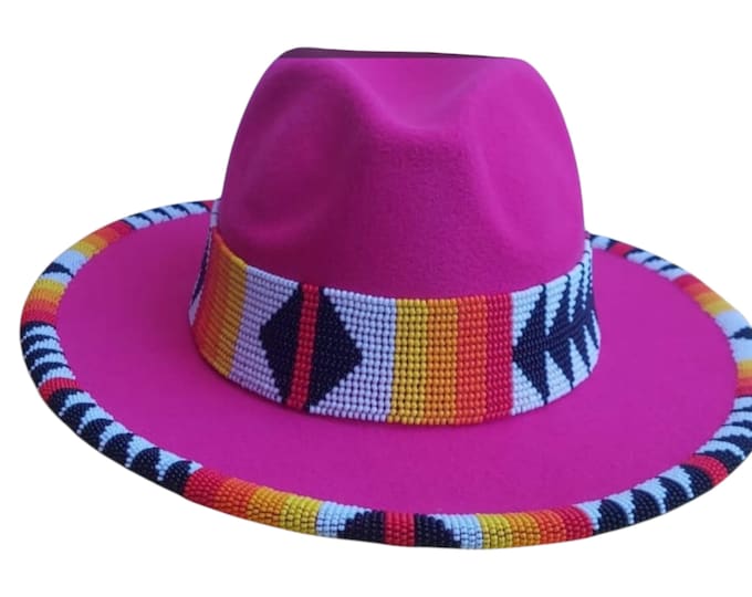 Handcrafted African Beaded Fedora Hat, Magenta Pink Felt Wide Brim Hat, Maasai Tribal Beaded Band, Boho Festival Gift for Her
