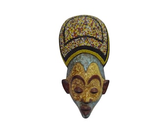 African Lualua Beaded Mask Antique Congo Wood Vintage African Wall Hanging Ceremonial Yellow